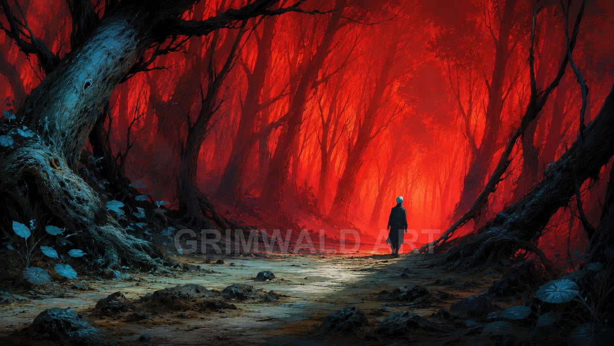 A lone figure walks a winding path through a dark forest bathed in eerie red light, with gnarled trees and cool blue leaves.