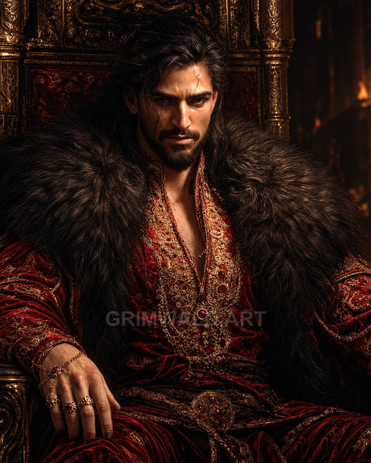 Bearded man in ornate red robes and fur mantle sits on a gilded throne, firelit interior, piercing gaze, jewelled rings and embroidery.