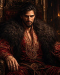 GRID THUMBNAIL — Bearded man in ornate red robes and fur mantle sits on a gilded throne, firelit interior, piercing gaze, jewelled rings and embroidery.