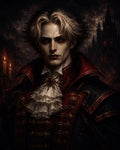 GRID THUMBNAIL — Portrait of a pale male vampire in a crimson, baroque coat with lace cravat, red eyes and bloodied lips, candles and a shadowy castle behind.