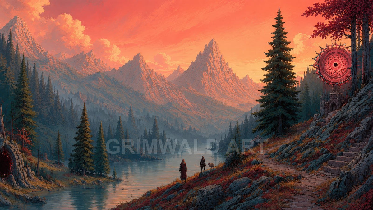 Retro fantasy mountain valley with pine forests and wide river at sunset, a spiked red portal in hilltop ruins, two travellers and a dog.