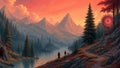 GRID THUMBNAIL — Retro fantasy mountain valley with pine forests and wide river at sunset, a spiked red portal in hilltop ruins, two travellers and a dog.
