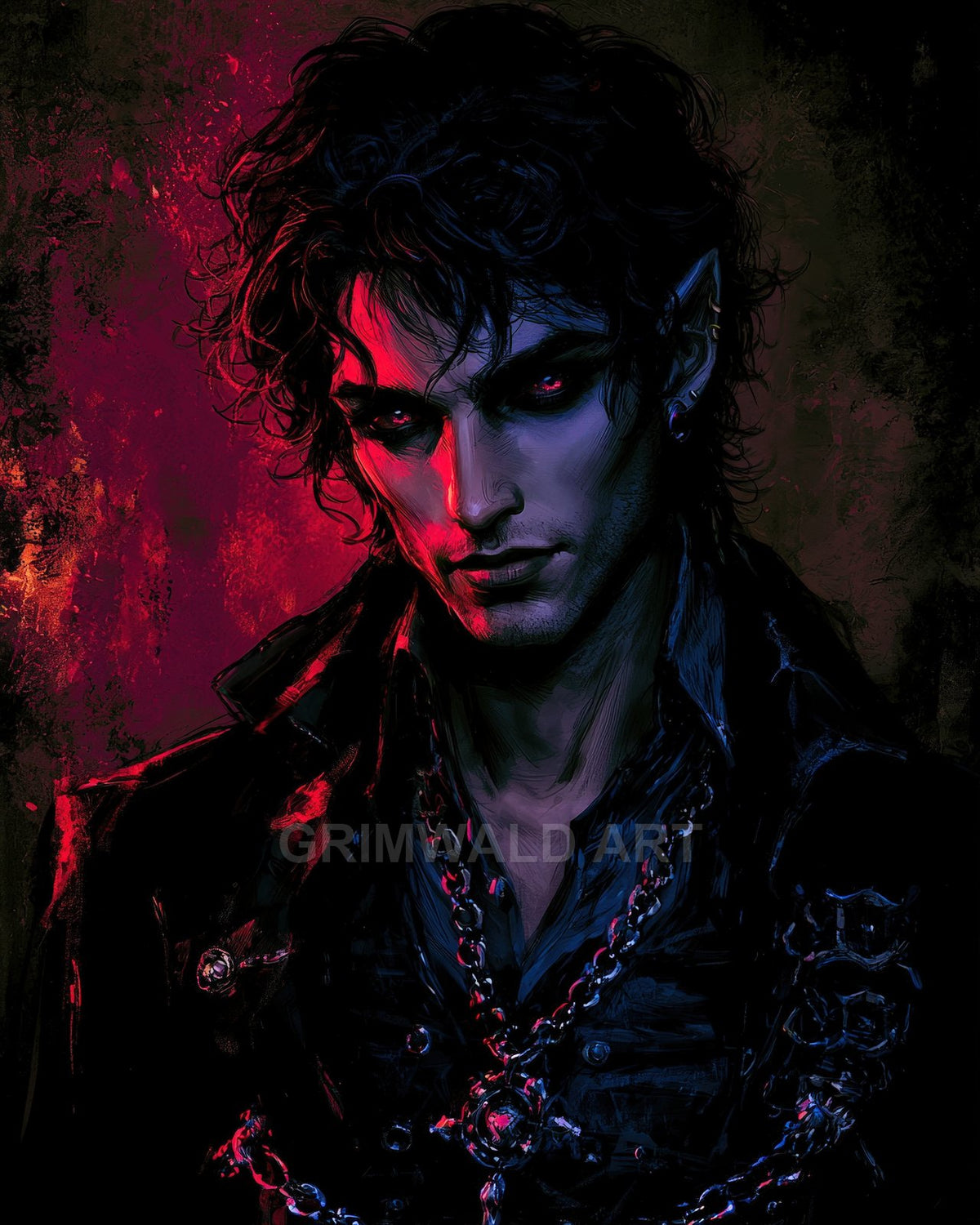 Brooding male vampire with pointed ears and red eyes, wearing a black coat and chains, lit by red and blue light against a dark background.