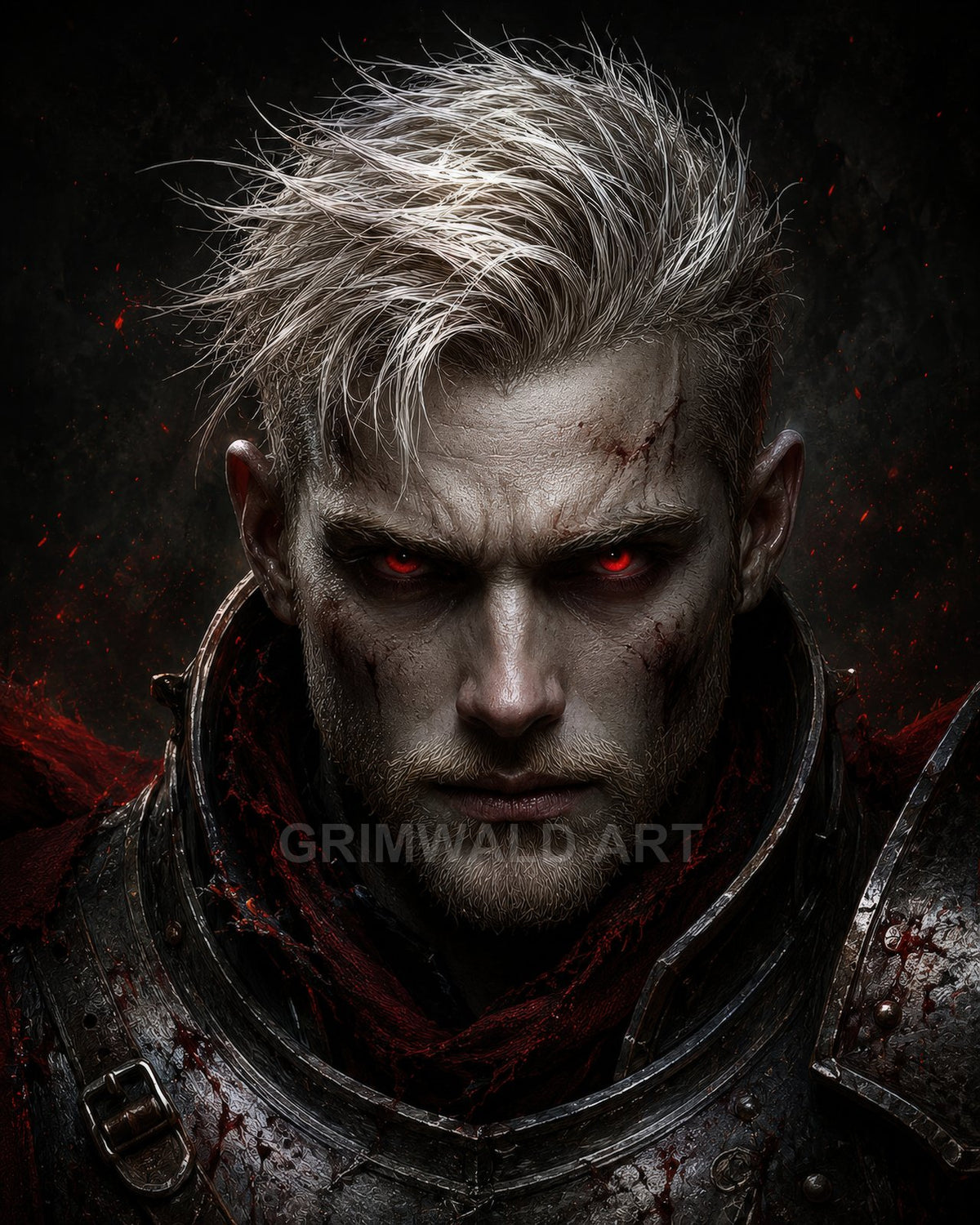 Close-up portrait of a pale, scarred armoured man with glowing red eyes and blood-spattered steel, set against a dark, smoky background.
