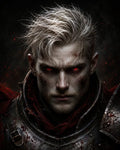 GRID THUMBNAIL — Close-up portrait of a pale, scarred armoured man with glowing red eyes and blood-spattered steel, set against a dark, smoky background.