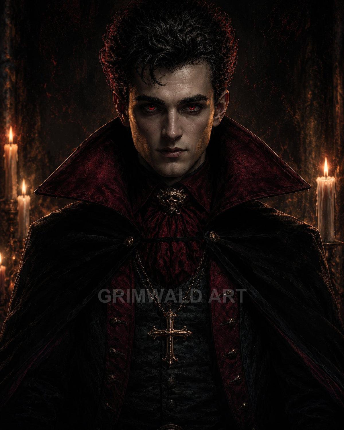 Portrait of a red-eyed male vampire in black and crimson cloak, candlelit interior backdrop, cross pendant and high collar, ominous gaze.
