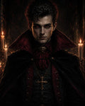GRID THUMBNAIL — Portrait of a red-eyed male vampire in black and crimson cloak, candlelit interior backdrop, cross pendant and high collar, ominous gaze.