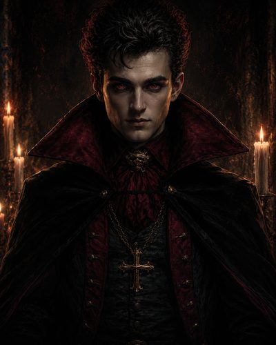 GRID THUMBNAIL — Portrait of a red-eyed male vampire in black and crimson cloak, candlelit interior backdrop, cross pendant and high collar, ominous gaze.