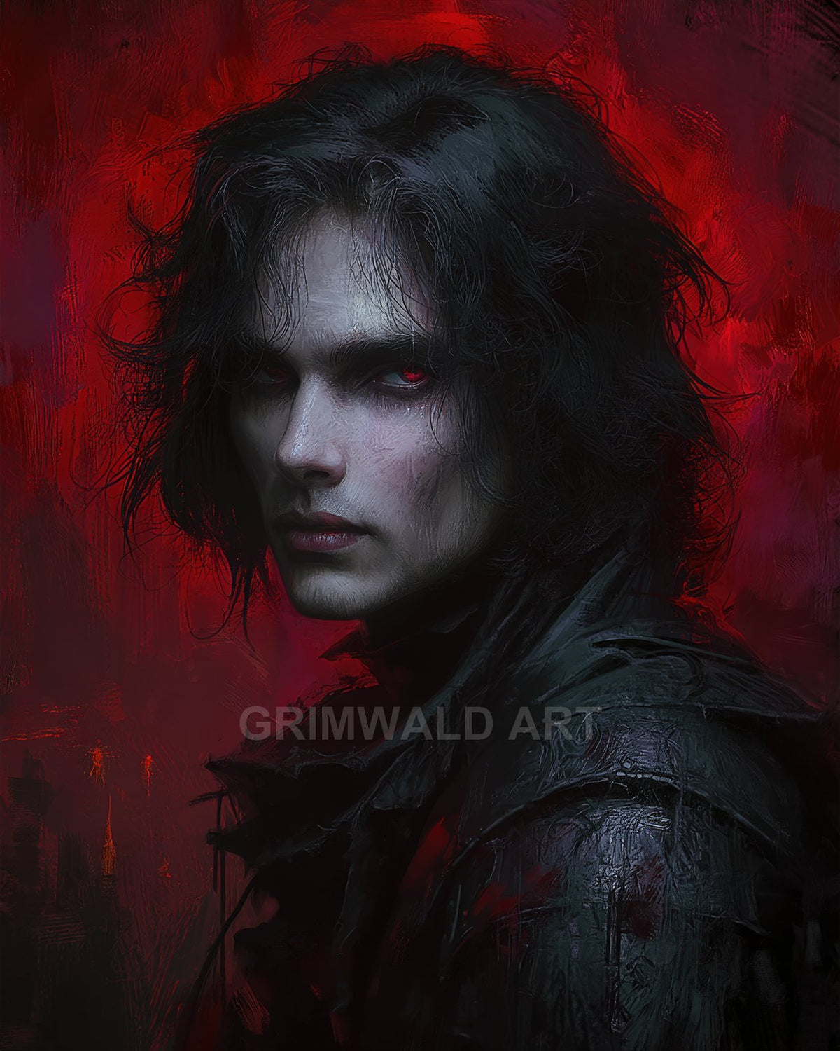 Portrait of an androgynous vampire with pale skin and glowing red eyes, wearing dark textured armour against a painterly crimson backdrop.