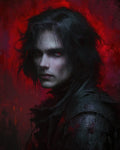 GRID THUMBNAIL — Portrait of an androgynous vampire with pale skin and glowing red eyes, wearing dark textured armour against a painterly crimson backdrop.