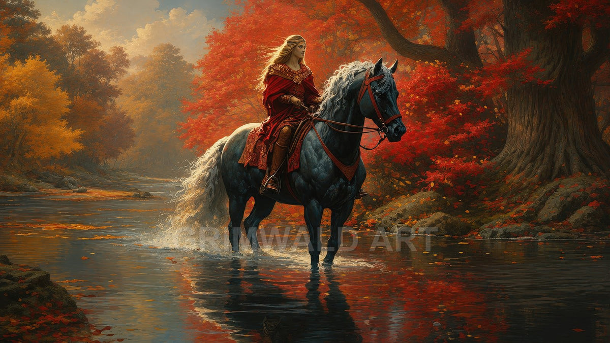 A cloaked rider on a dark horse wades through a reflective river beneath vivid red and orange autumn trees in golden light.