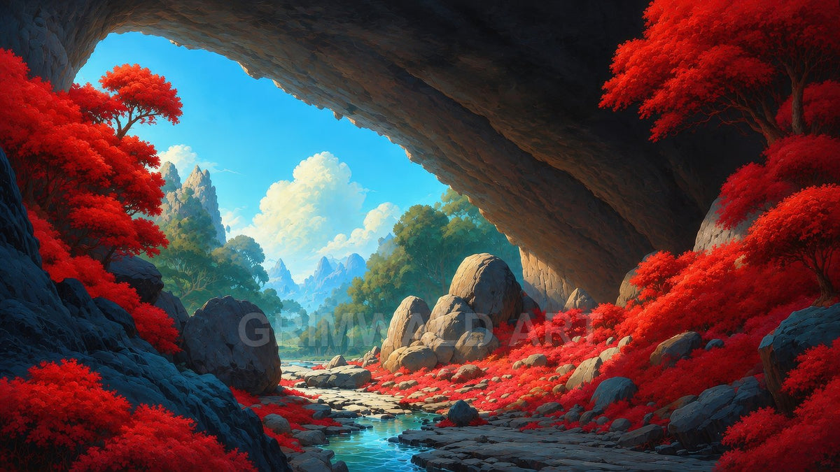 A vast cave arch frames a tranquil valley of red-leaved trees, boulders and a clear stream winding toward distant blue mountains beneath daylight.