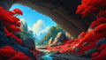GRID THUMBNAIL — A vast cave arch frames a tranquil valley of red-leaved trees, boulders and a clear stream winding toward distant blue mountains beneath daylight.