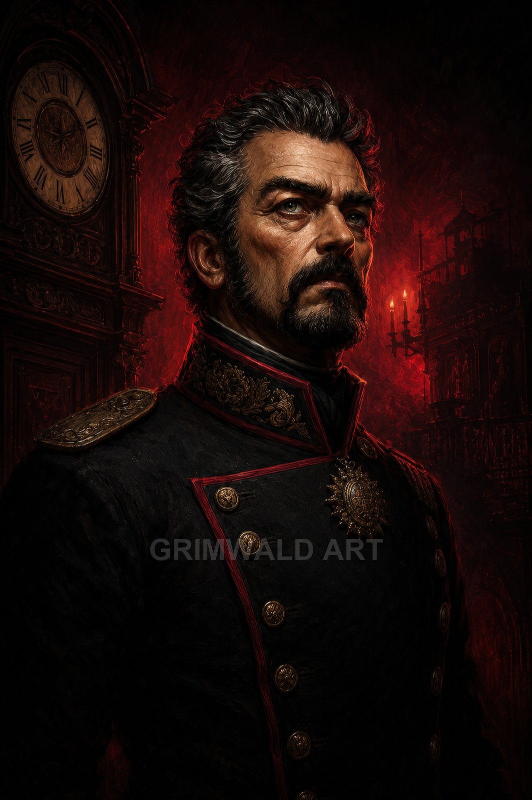 Stern, grey-haired man in an ornate dark uniform with medal and epaulettes, posed against a red firelit gothic interior with clock and candles.