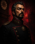 GRID THUMBNAIL — Stern, grey-haired man in an ornate dark uniform with medal and epaulettes, posed against a red firelit gothic interior with clock and candles.