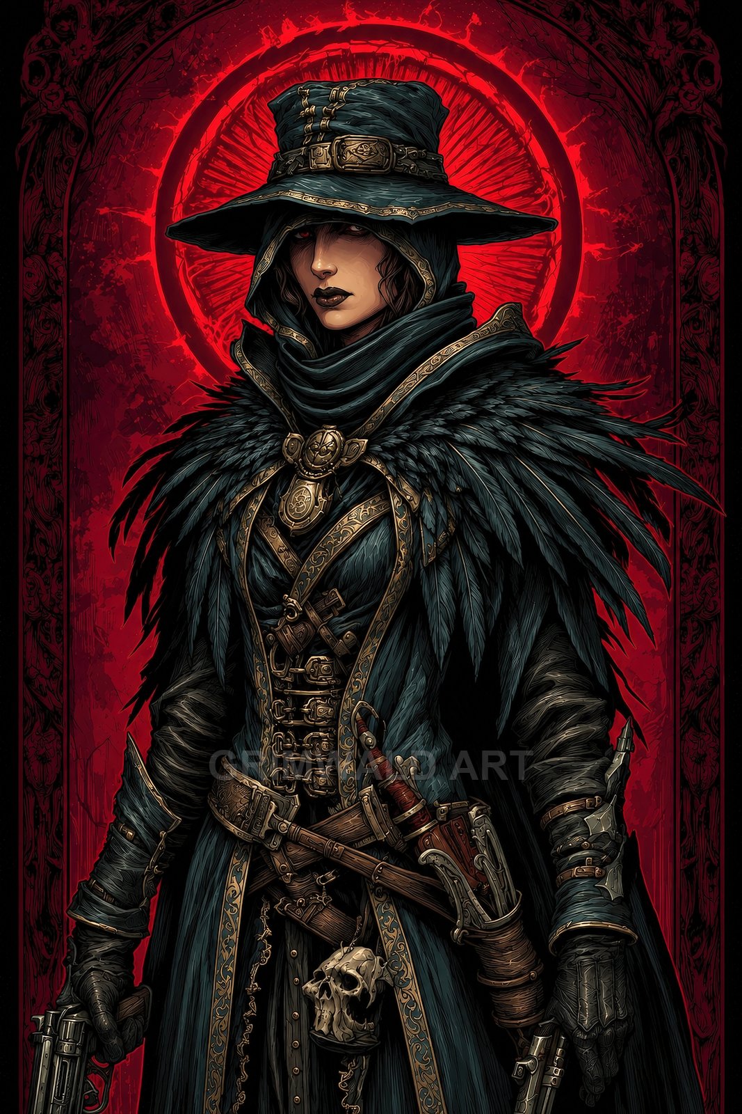 A female rogue in a feathered cloak and wide-brim hat aims twin pistols, ornate leathers and skull charm gleaming before a crimson halo.