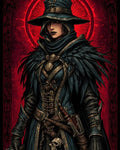 GRID THUMBNAIL — A female rogue in a feathered cloak and wide-brim hat aims twin pistols, ornate leathers and skull charm gleaming before a crimson halo.