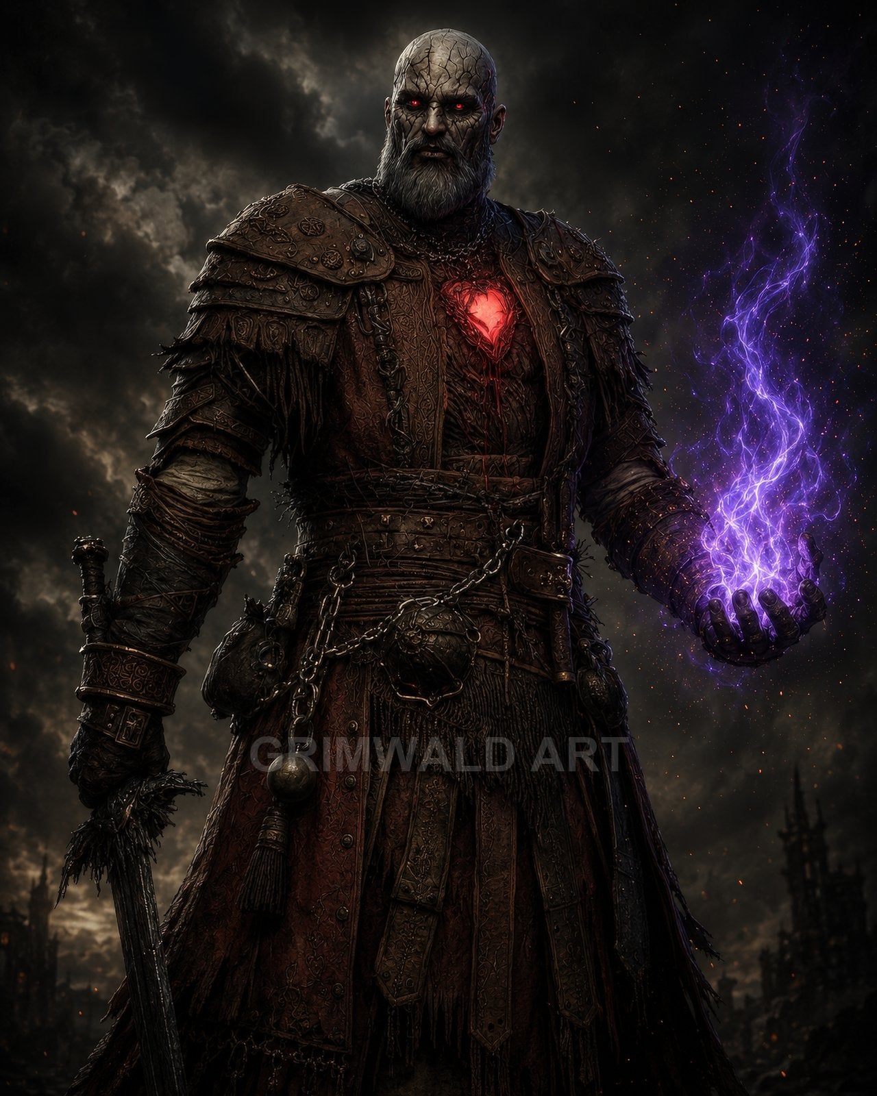 Armoured undead male knight with glowing red heart holds crackling purple magic and a sword, standing before stormy skies and ruined city towers.
