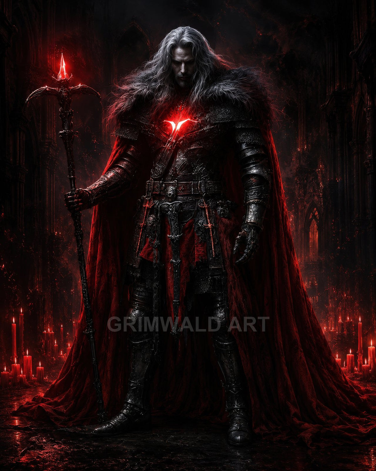 Armoured male warlock with a glowing red heart sigil and staff, draped in a crimson cloak, stands amid candles in a dark cathedral.