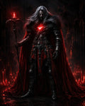 GRID THUMBNAIL — Armoured male warlock with a glowing red heart sigil and staff, draped in a crimson cloak, stands amid candles in a dark cathedral.