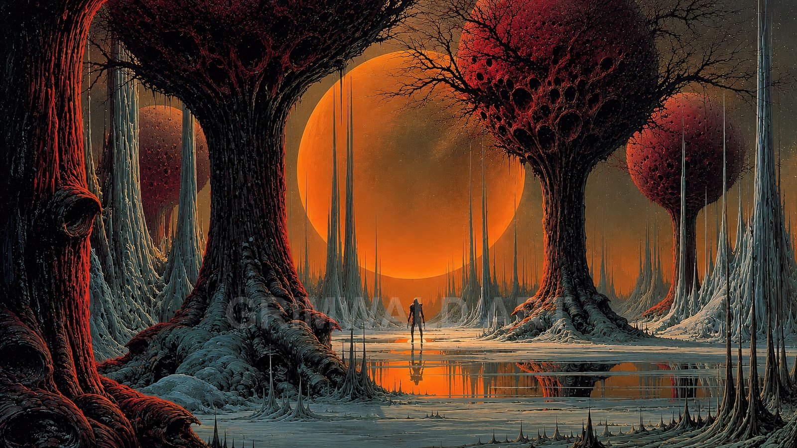 Alien forest of gnarled trees with red, cratered crowns around reflective pools, beneath a colossal orange sun, with a distant solitary figure.