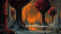 GRID THUMBNAIL — Alien forest of gnarled trees with red, cratered crowns around reflective pools, beneath a colossal orange sun, with a distant solitary figure.