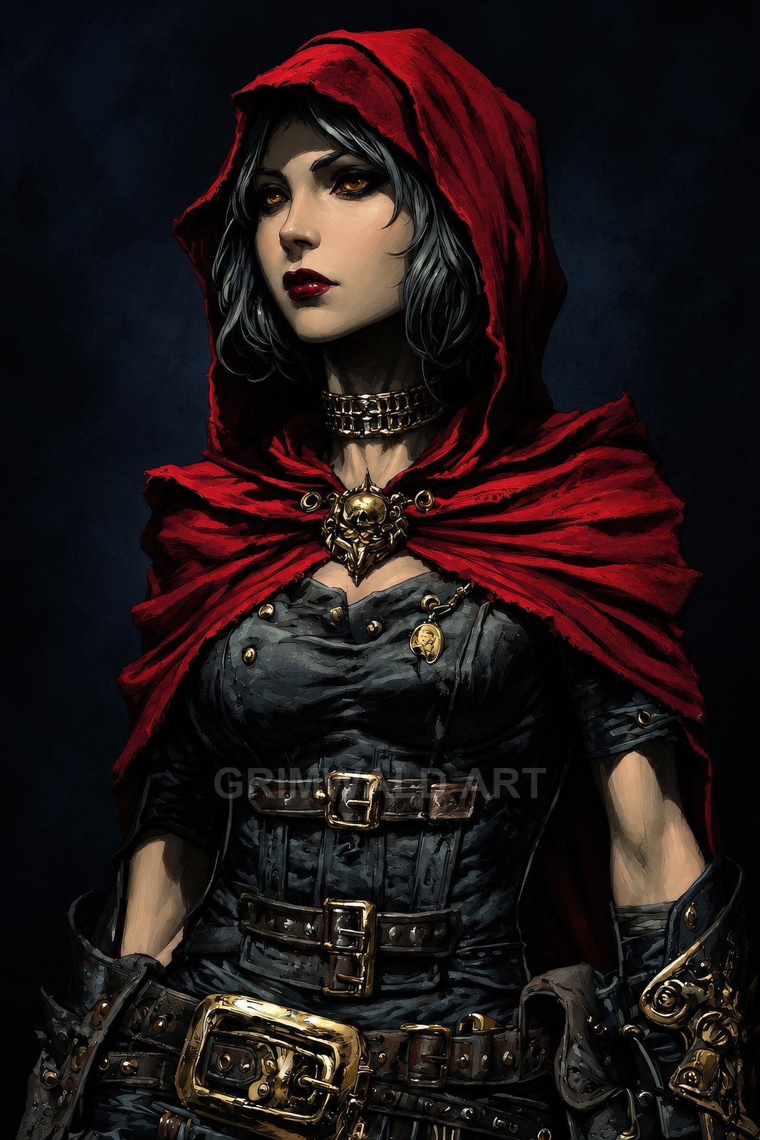 Dark fantasy portrait of a woman in a red hood and black leather armour, golden eyes, skull brooch and ornate buckles, on a shadowy background.