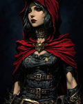 GRID THUMBNAIL — Dark fantasy portrait of a woman in a red hood and black leather armour, golden eyes, skull brooch and ornate buckles, on a shadowy background.