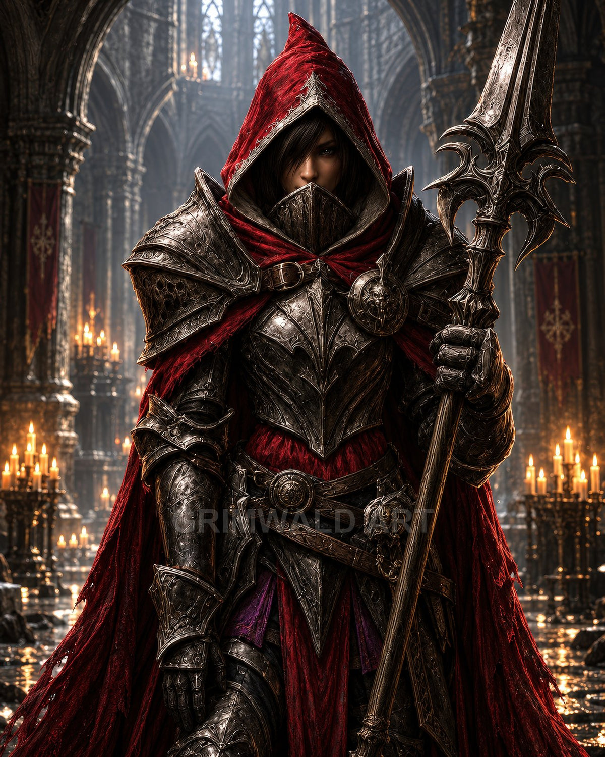 Hooded knight in ornate dark armour holds a barbed spear inside a candlelit gothic cathedral, crimson cloak draped over intricate metal plates.
