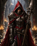 GRID THUMBNAIL — Hooded knight in ornate dark armour holds a barbed spear inside a candlelit gothic cathedral, crimson cloak draped over intricate metal plates.