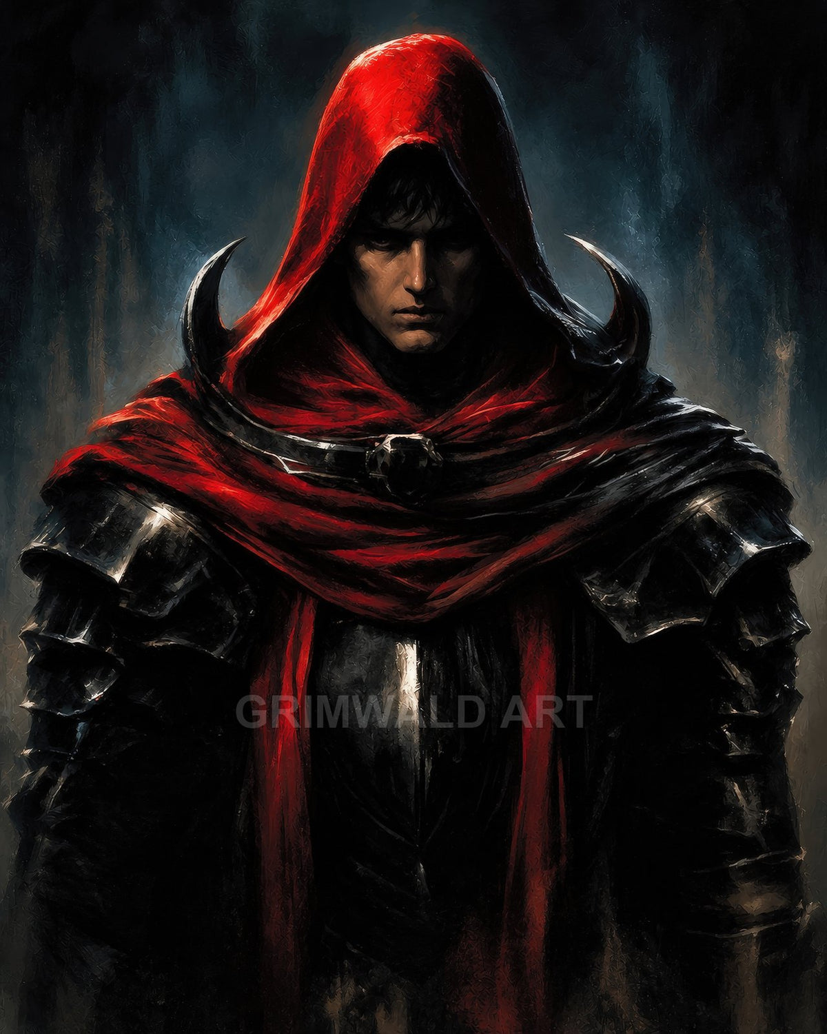 Brooding male knight in a crimson hood and black spiked armour, face shadowed, standing against a dark, smoky background in a moody portrait.