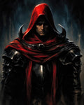 GRID THUMBNAIL — Brooding male knight in a crimson hood and black spiked armour, face shadowed, standing against a dark, smoky background in a moody portrait.