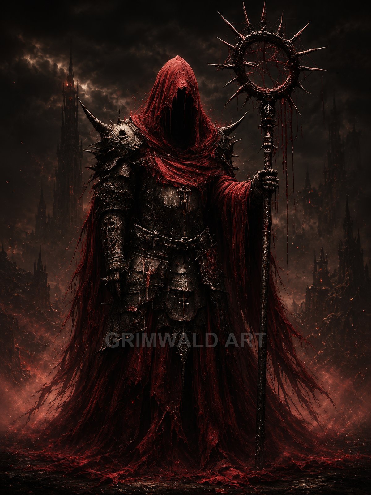 Armoured hooded figure in tattered red robes holds a spiked halo staff before looming gothic towers, embers swirling in a dark, night sky.