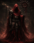 GRID THUMBNAIL — Armoured hooded figure in tattered red robes holds a spiked halo staff before looming gothic towers, embers swirling in a dark, night sky.