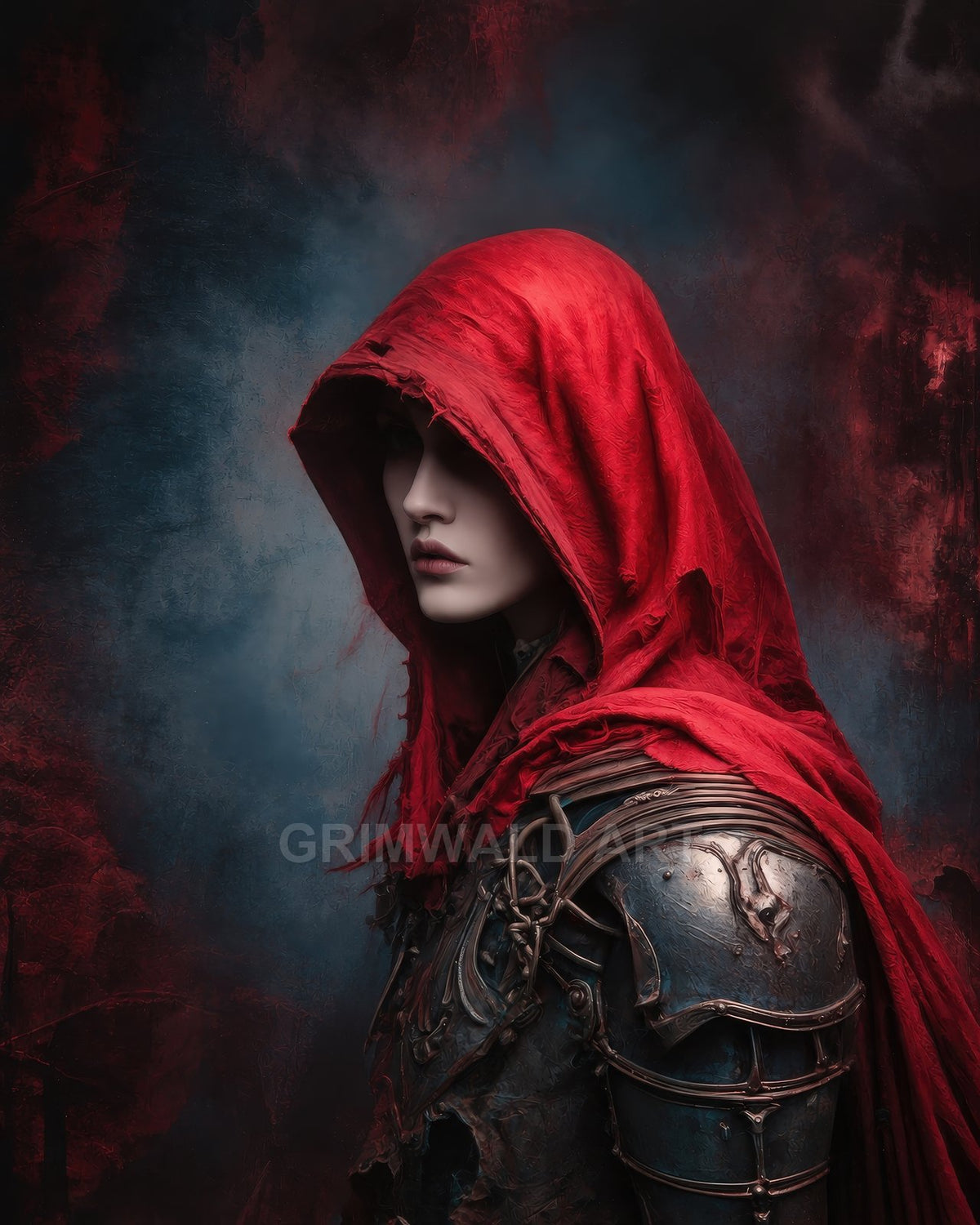 Side profile of an androgynous human in ornate dark armour beneath a tattered crimson hood, against a moody textured blue-red background.