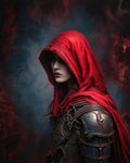 GRID THUMBNAIL — Side profile of an androgynous human in ornate dark armour beneath a tattered crimson hood, against a moody textured blue-red background.