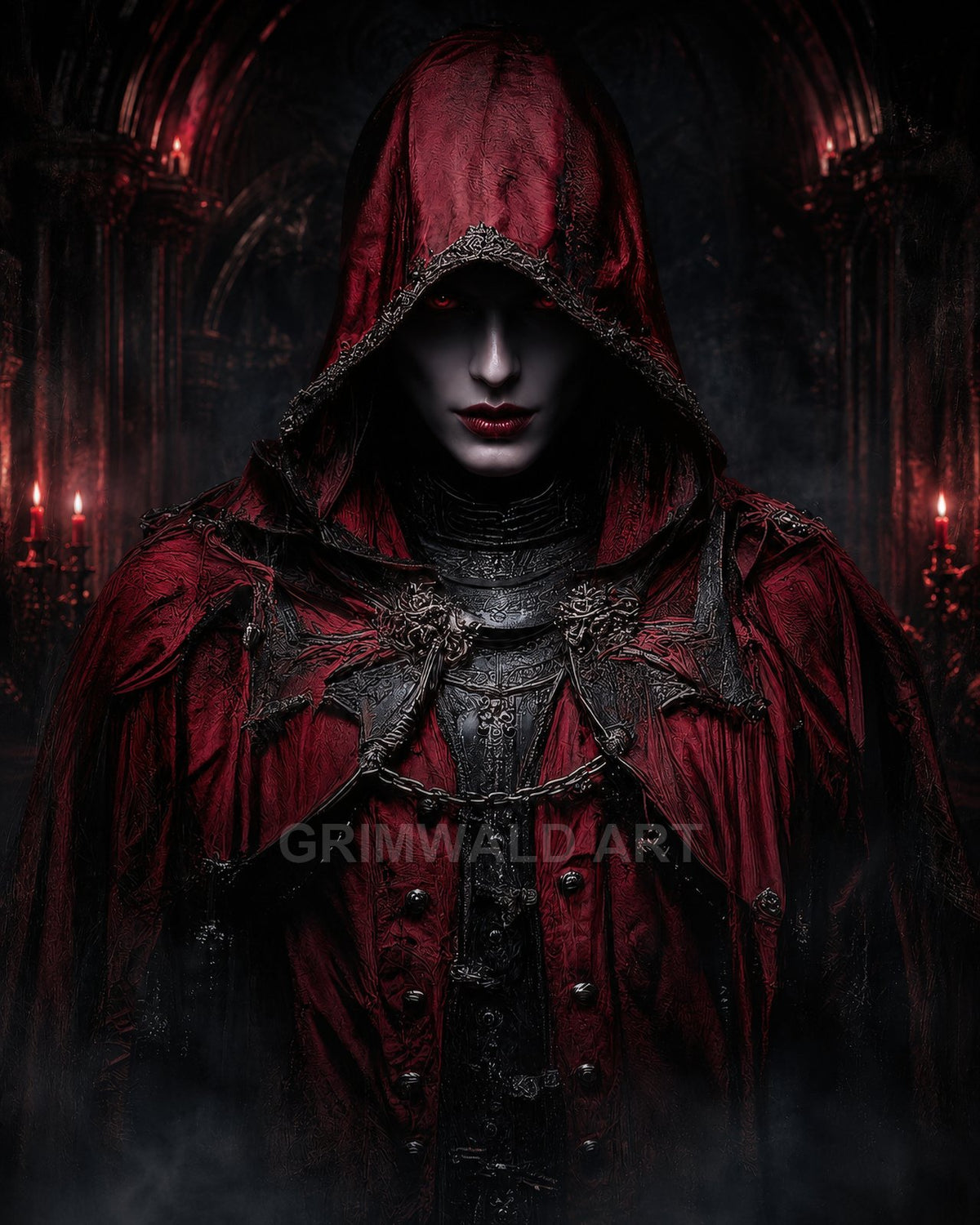 A pale, androgynous vampire in a crimson hood and ornate black armour stands in a candlelit gothic cathedral, red eyes glowing through drifting mist.
