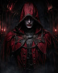 GRID THUMBNAIL — A pale, androgynous vampire in a crimson hood and ornate black armour stands in a candlelit gothic cathedral, red eyes glowing through drifting mist.