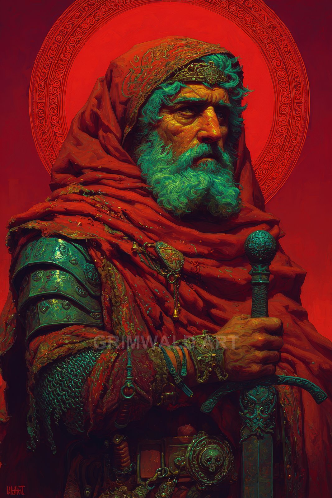 Portrait of an elderly armoured knight in a red hood and cloak, turquoise beard, gripping an ornate sword before a patterned red halo.
