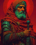 GRID THUMBNAIL — Portrait of an elderly armoured knight in a red hood and cloak, turquoise beard, gripping an ornate sword before a patterned red halo.