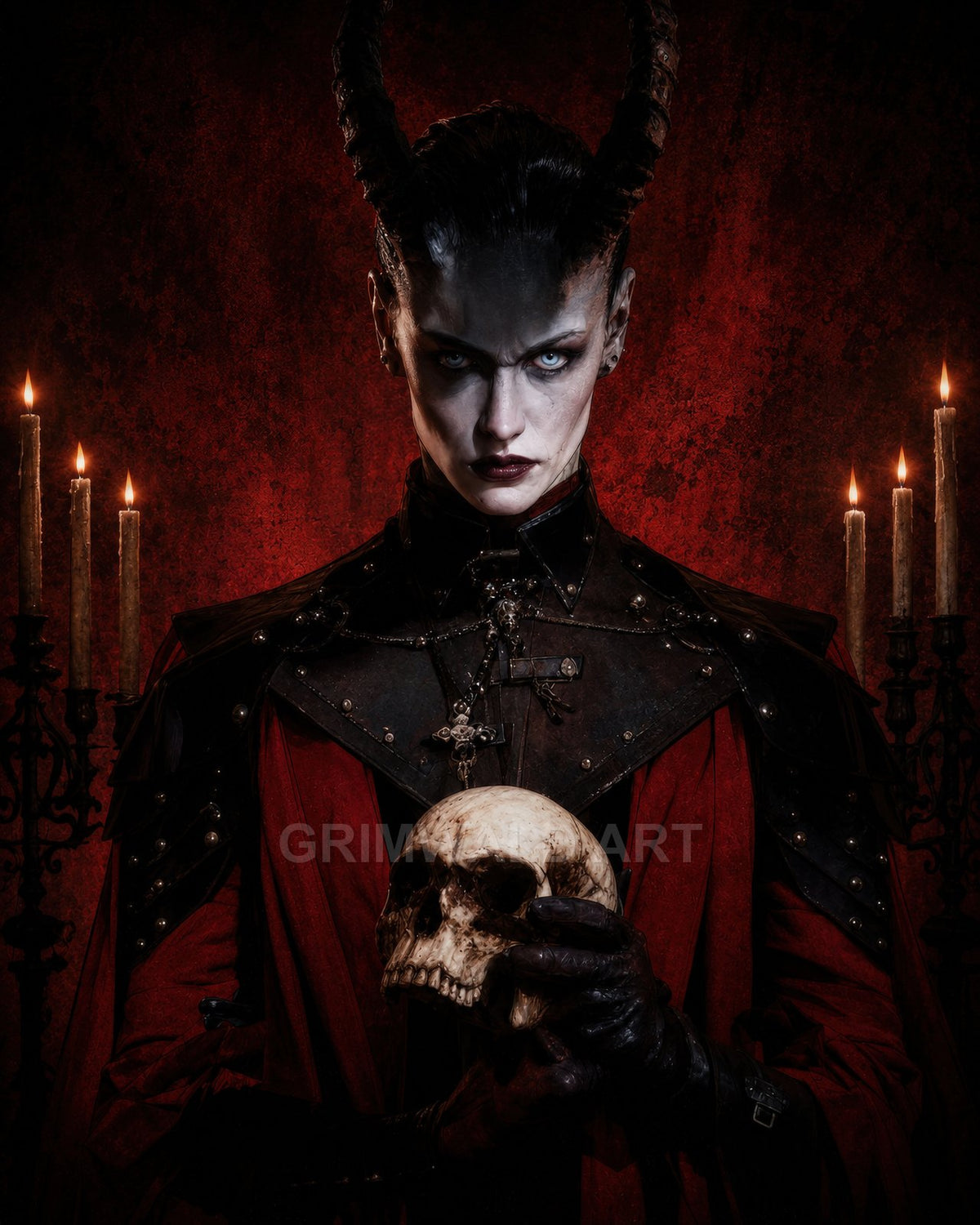 Portrait of a horned demon in red cloak and black armour, holding a weathered skull before candlelit backdrop, intense pale eyes.