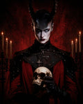 GRID THUMBNAIL — Portrait of a horned demon in red cloak and black armour, holding a weathered skull before candlelit backdrop, intense pale eyes.