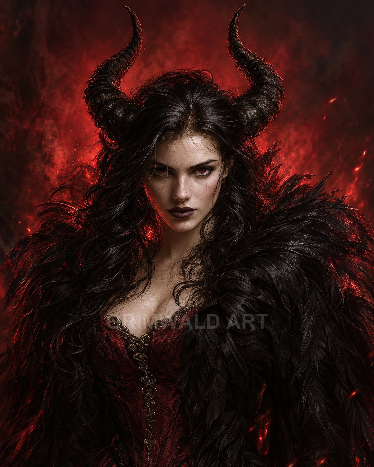 Portrait of a horned female demon in a red corset and black feathered mantle, lit by fiery red light against a dark background.