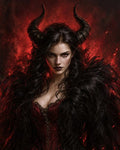 GRID THUMBNAIL — Portrait of a horned female demon in a red corset and black feathered mantle, lit by fiery red light against a dark background.