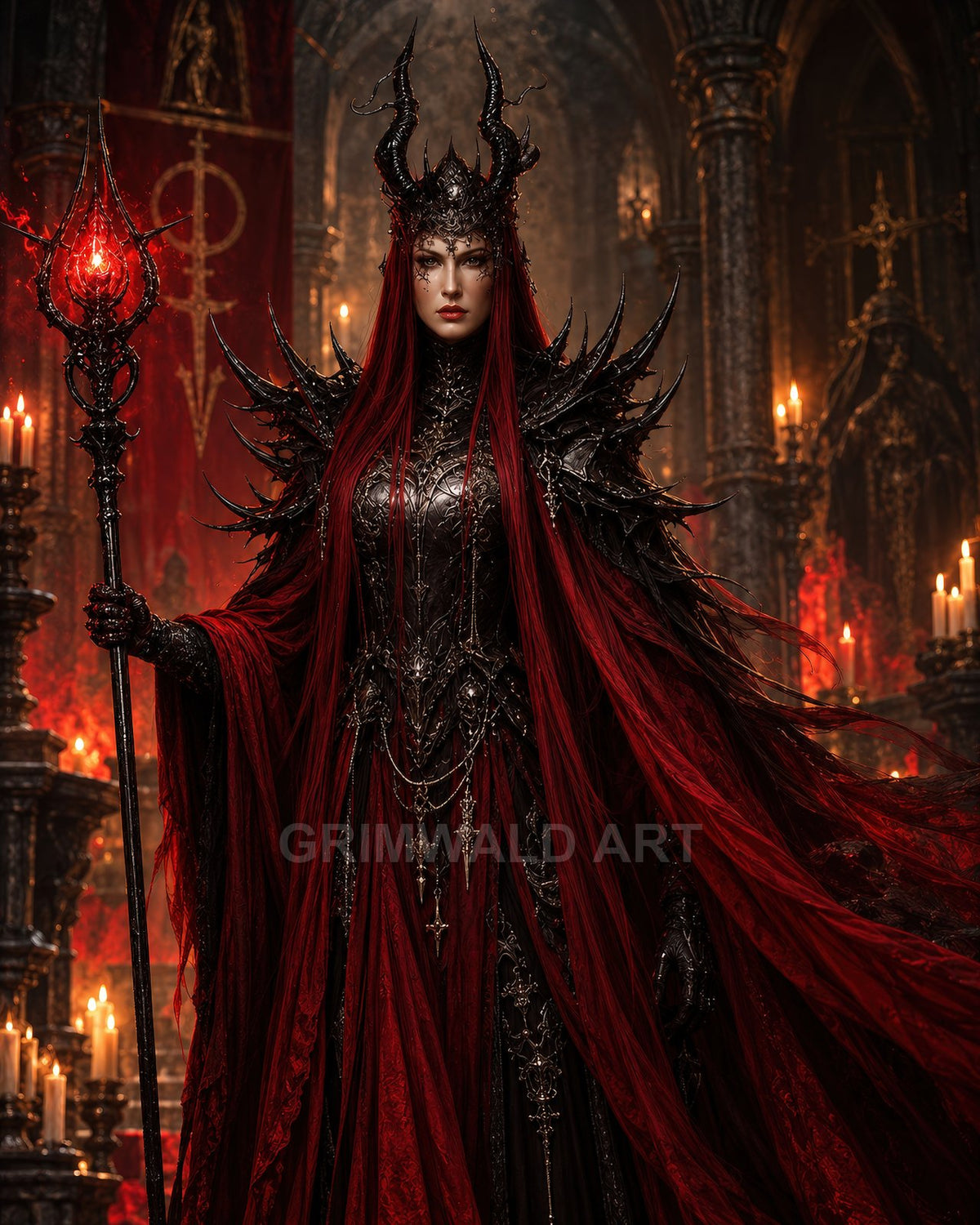 Armoured female sorceress in horned crown and flowing red robes holds a glowing crystal staff within a candlelit gothic cathedral, surrounded by arches and banners.