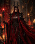 GRID THUMBNAIL — Armoured female sorceress in horned crown and flowing red robes holds a glowing crystal staff within a candlelit gothic cathedral, surrounded by arches and banners.
