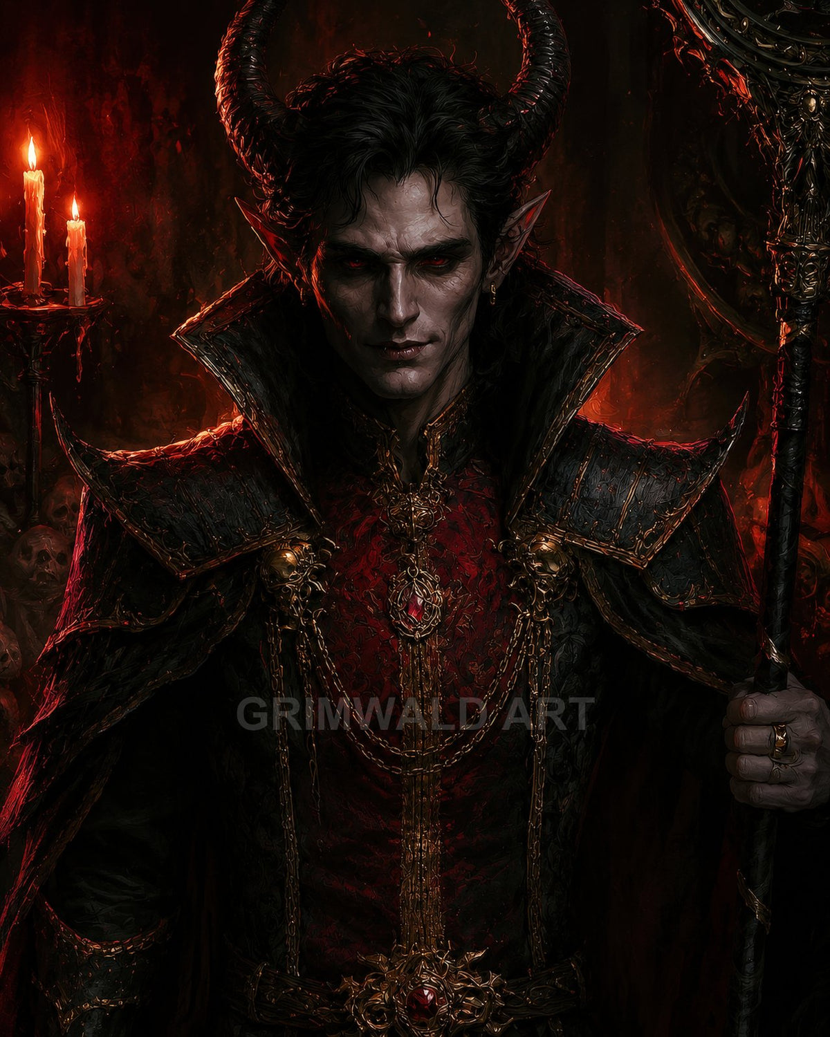 Horned demon warlock with red eyes in ornate crimson and black robes, gripping a staff, standing in a dark, firelit chamber with candles and skulls.