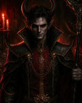 GRID THUMBNAIL — Horned demon warlock with red eyes in ornate crimson and black robes, gripping a staff, standing in a dark, firelit chamber with candles and skulls.