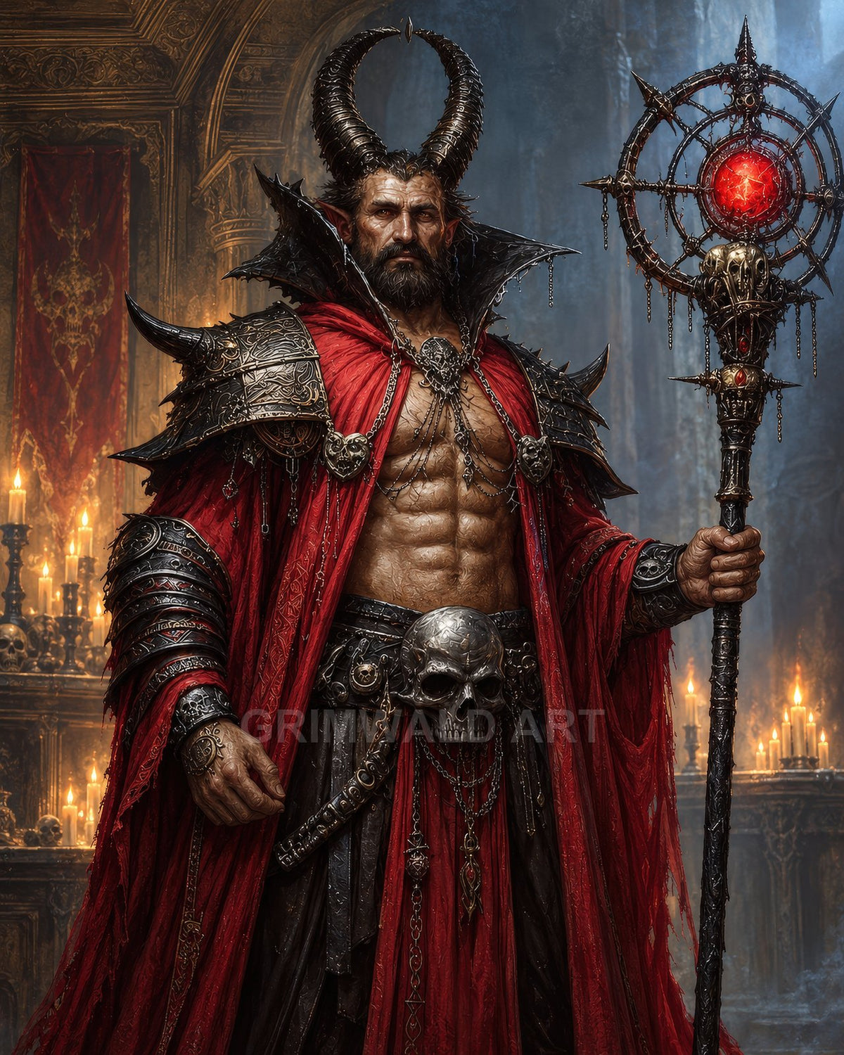 Armoured horned demon warlock in red robes stands in a candlelit gothic hall, holding a spiked staff with a glowing red crystal.
