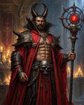 GRID THUMBNAIL — Armoured horned demon warlock in red robes stands in a candlelit gothic hall, holding a spiked staff with a glowing red crystal.